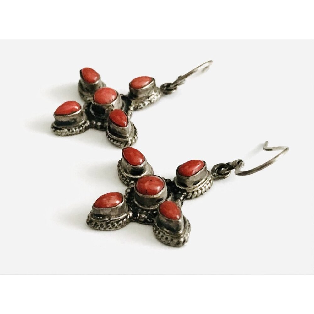 Vintage Sterling Silver & Red Coral Earrings Hooks Dangle Native American 925